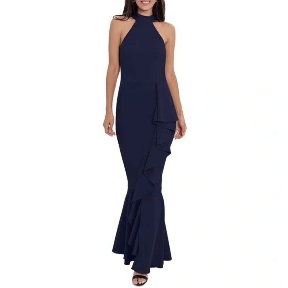NWT Xscape High Neck Halter Mermaid Gown w/ Front Ruffle in Navy Sz. 4 - Picture 2 of 3